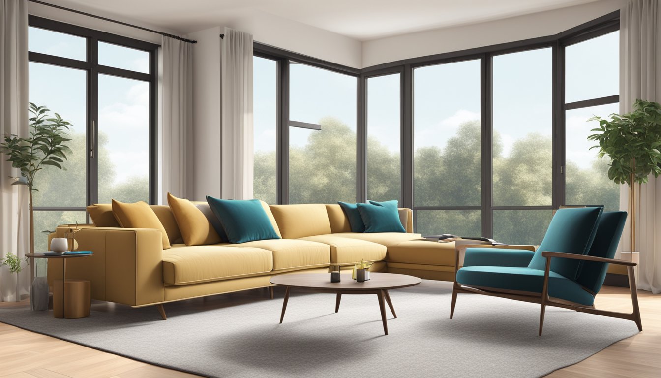 A modern L-shaped sofa sits in a spacious, well-lit living room with stylish decor and large windows
