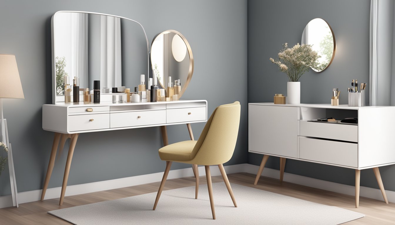 A sleek, modern dressing table with a large mirror and various compartments for storage, set against a clean, minimalist backdrop