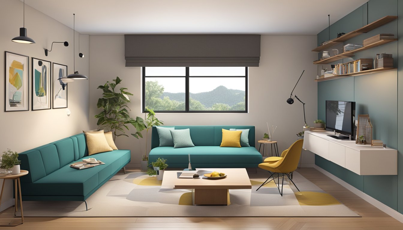 The small living room is maximized with smart furniture choices. A convertible sofa bed, wall-mounted shelves, and a foldable dining table create a functional and stylish space