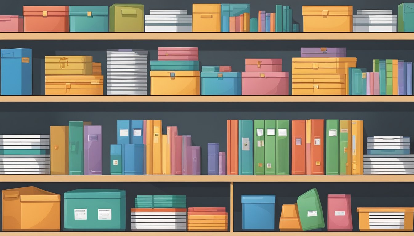 Various storage boxes stacked neatly on shelves, ranging in sizes and materials. Labels indicate contents such as clothing, books, and toys