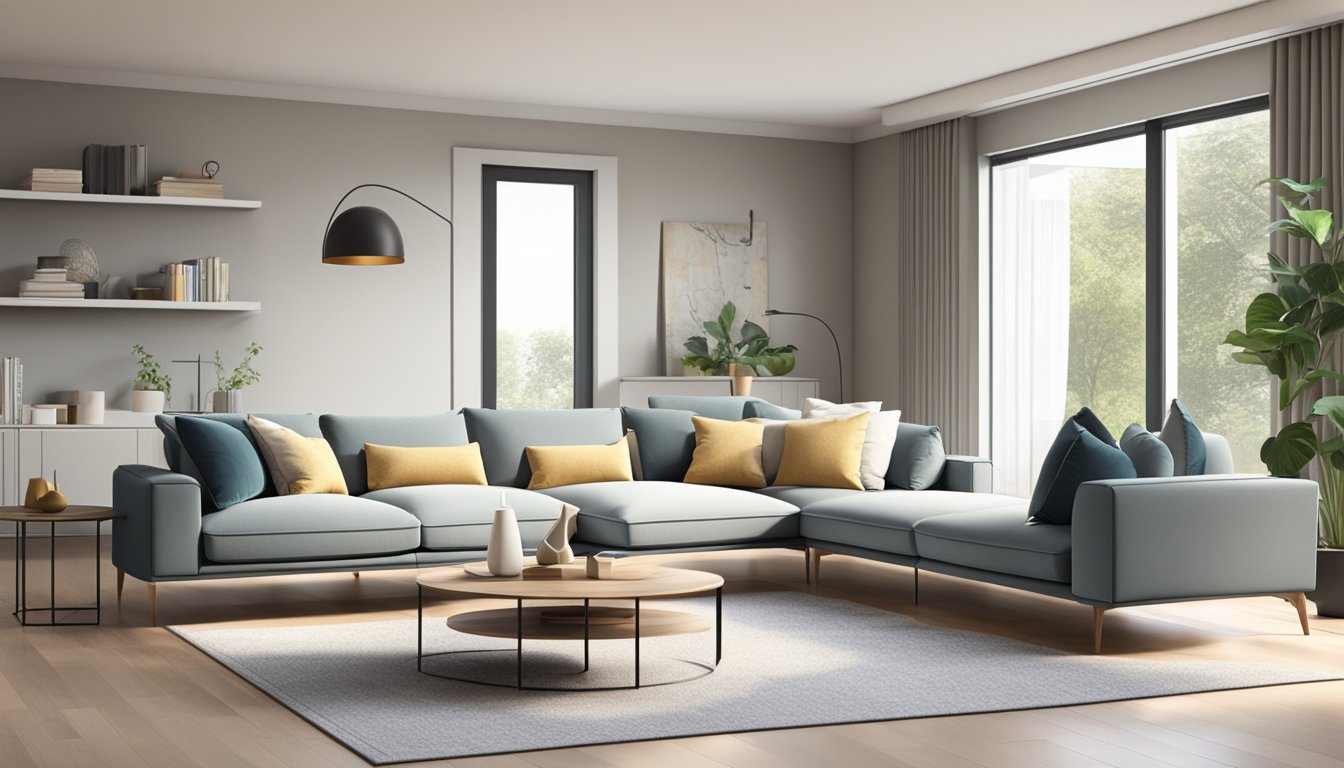 A modern L-shaped sofa in a spacious living room with clean lines and neutral colors
