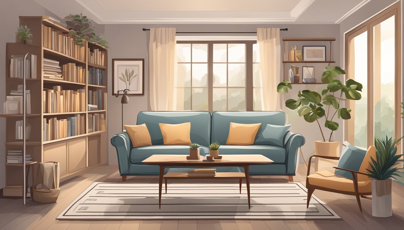 A cozy living room with a neutral color palette, a comfortable sofa, a small coffee table, and shelves filled with books and decorative items