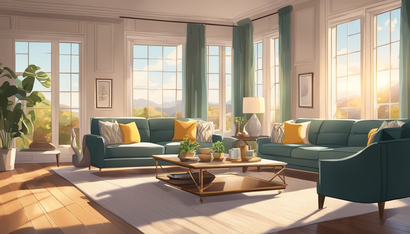 A cozy living room with a plush sofa, elegant coffee table, and soft area rug. Sunlight streams in through large windows, illuminating the stylish decor