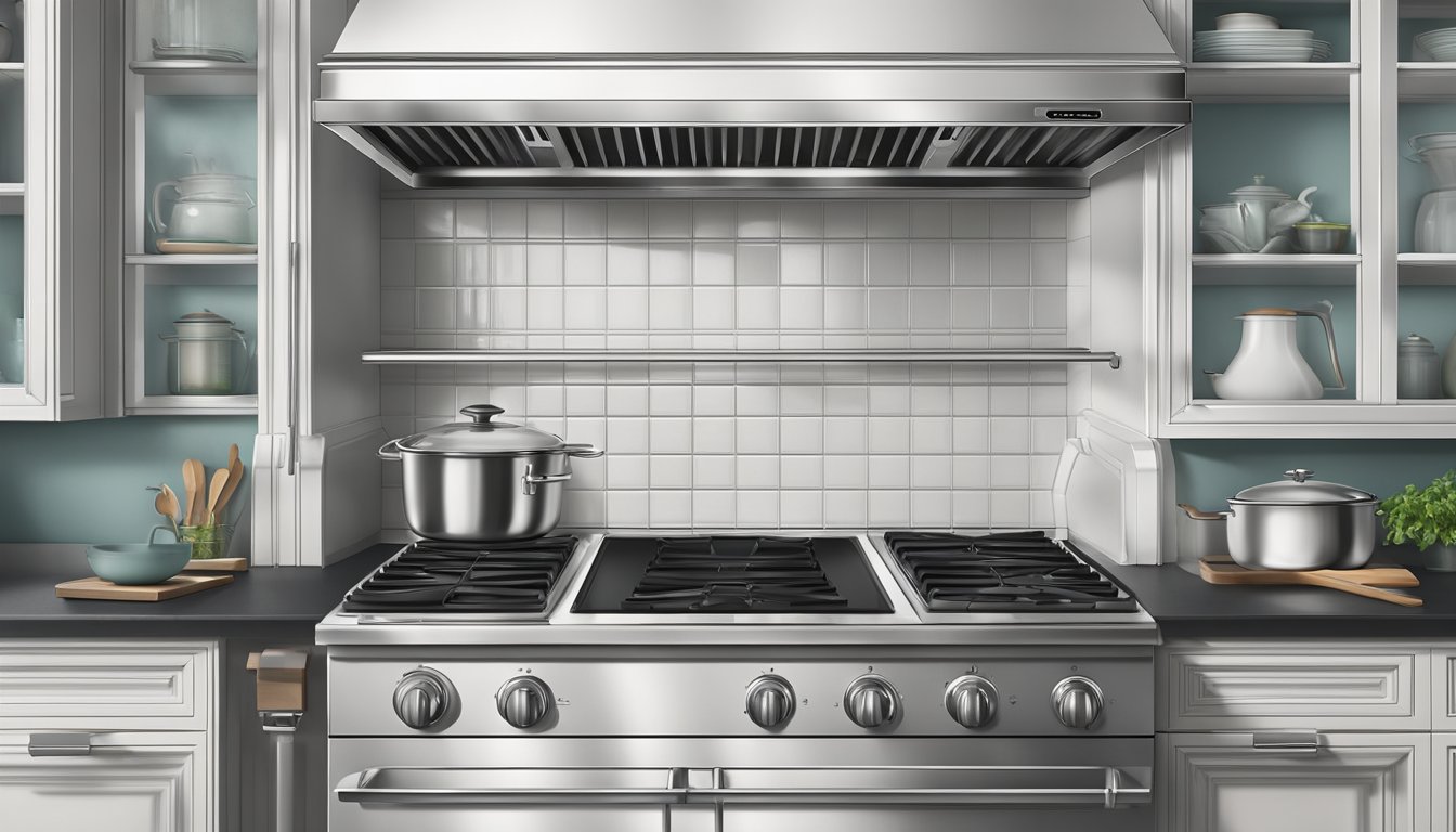 A stainless steel kitchen hood hovers above a sleek stovetop, with steam rising from a pot on the burner