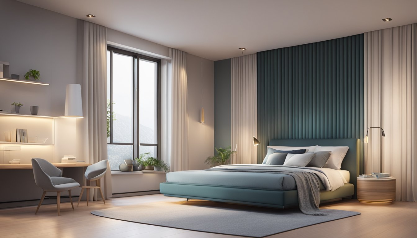 A modern bedroom with a sleek storage bed against a backdrop of minimalist decor and soft lighting