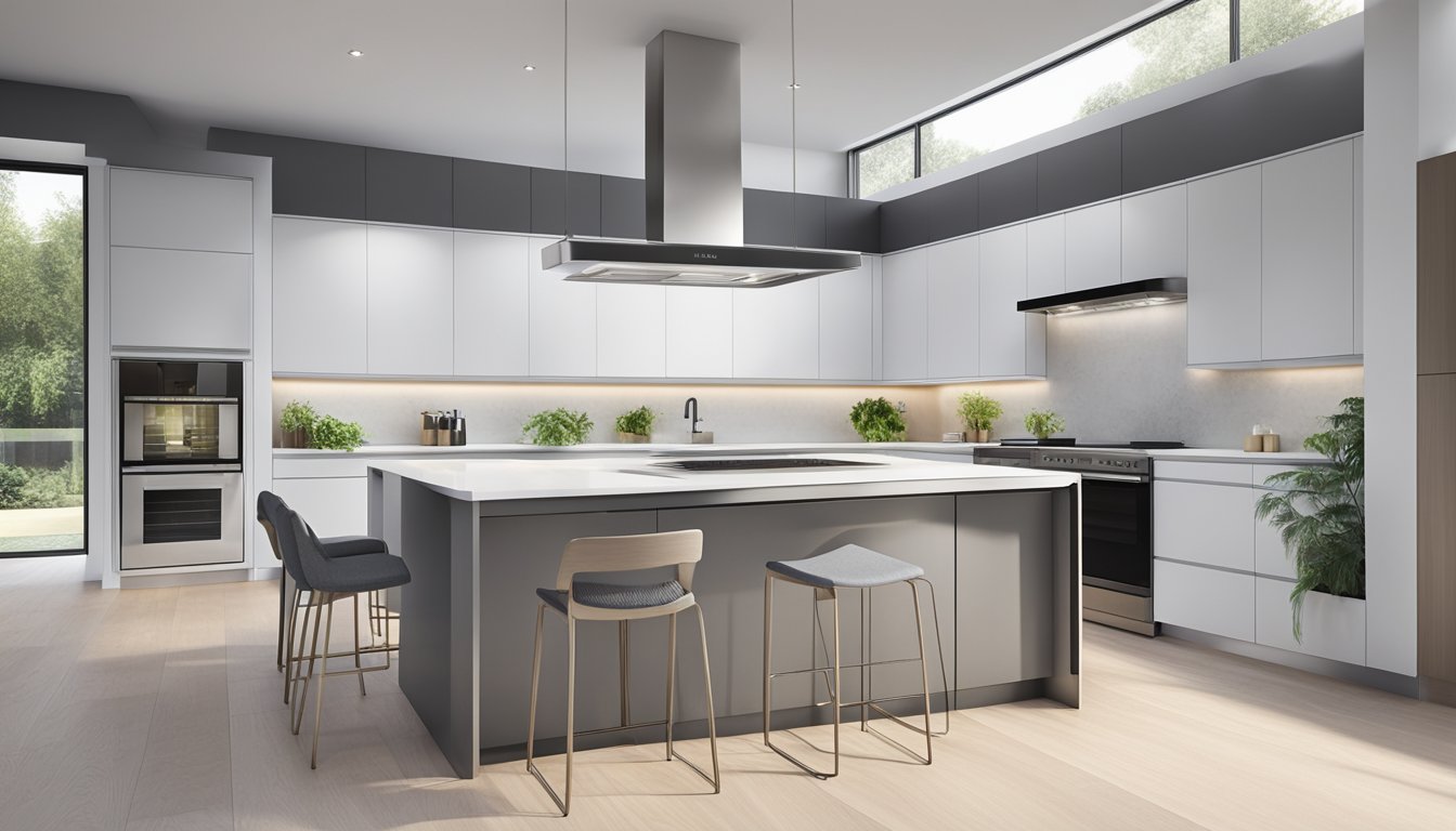A sleek stainless steel kitchen hood hangs above a modern stovetop, with clean lines and minimalist design. The hood features a powerful ventilation system and integrated lighting, adding a touch of sophistication to the kitchen space