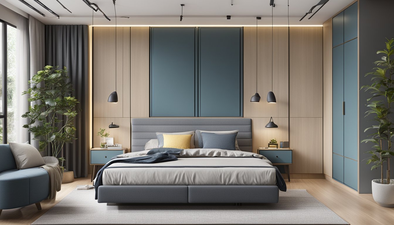 A bedroom with various storage bed styles and sizes displayed in a showroom in Singapore