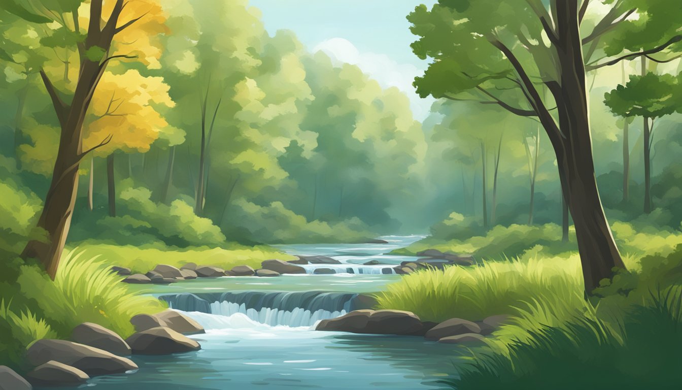 A calm, steady river flowing gently through a peaceful forest, with the leaves on the trees swaying slowly in the breeze