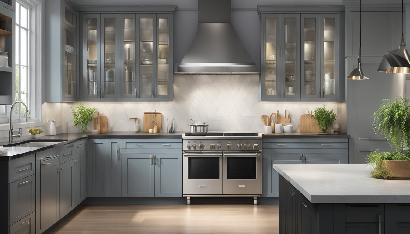 A sleek stainless steel kitchen hood expels steam and odors, while LED lights illuminate the stovetop below