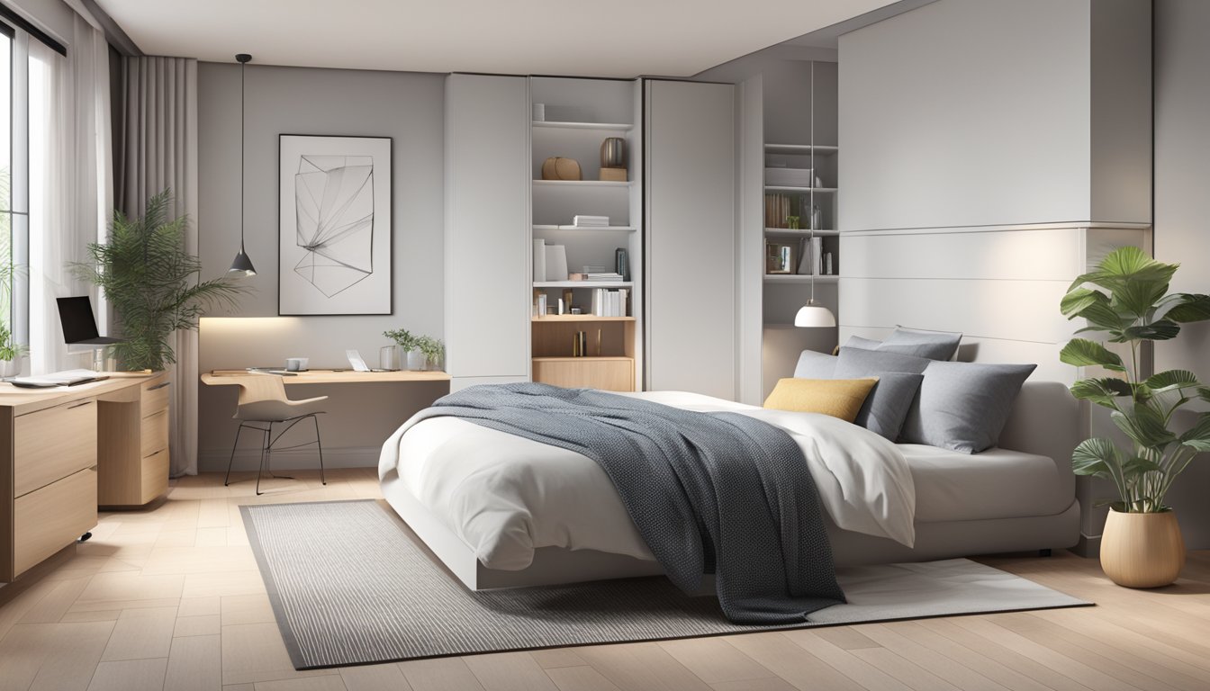 A modern bedroom with a sleek storage bed, neatly organized with various items inside. Clean and minimalist design with a touch of functionality