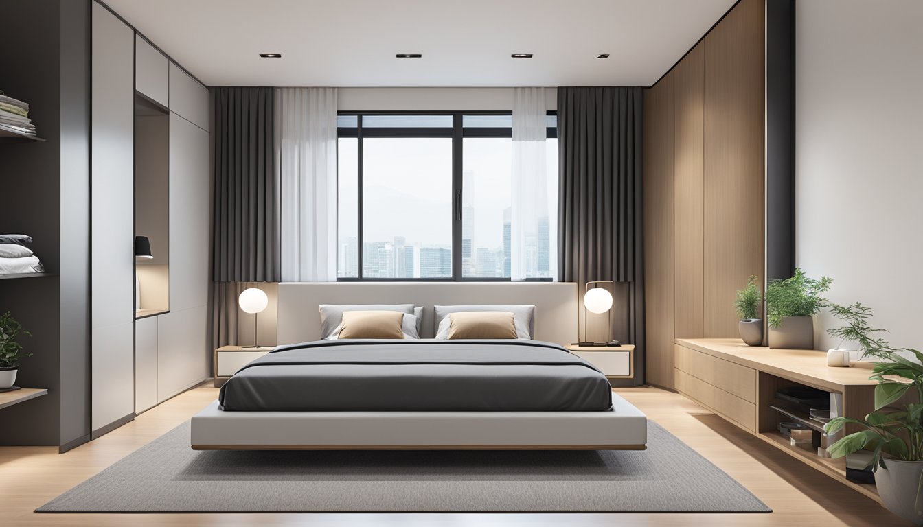 A sleek platform bed in a modern Singapore bedroom, with clean lines and minimalist design