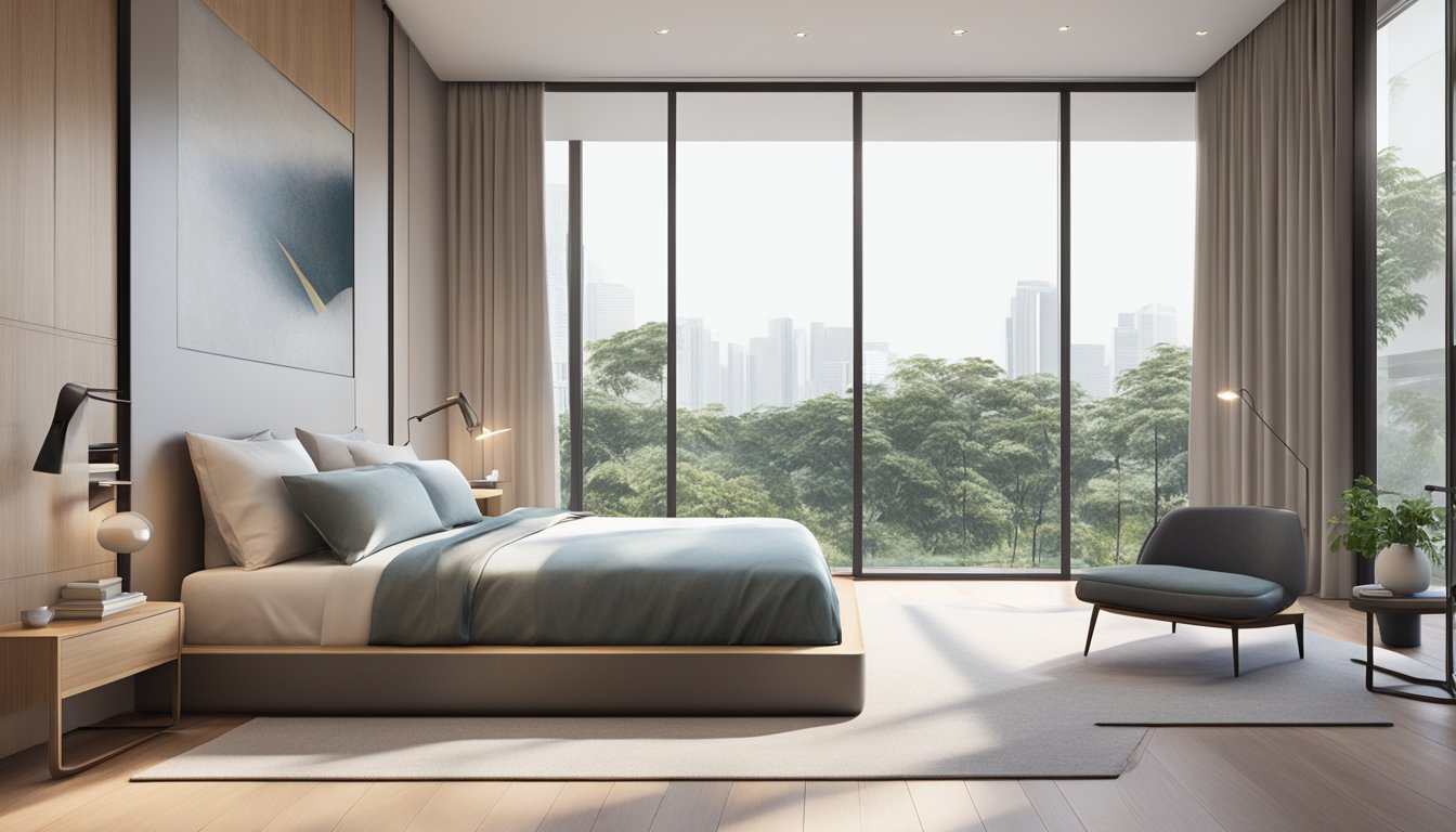 A sleek platform bed sits in a modern Singapore bedroom, bathed in soft natural light from the window. The clean lines and minimalist design create a sense of calm and simplicity