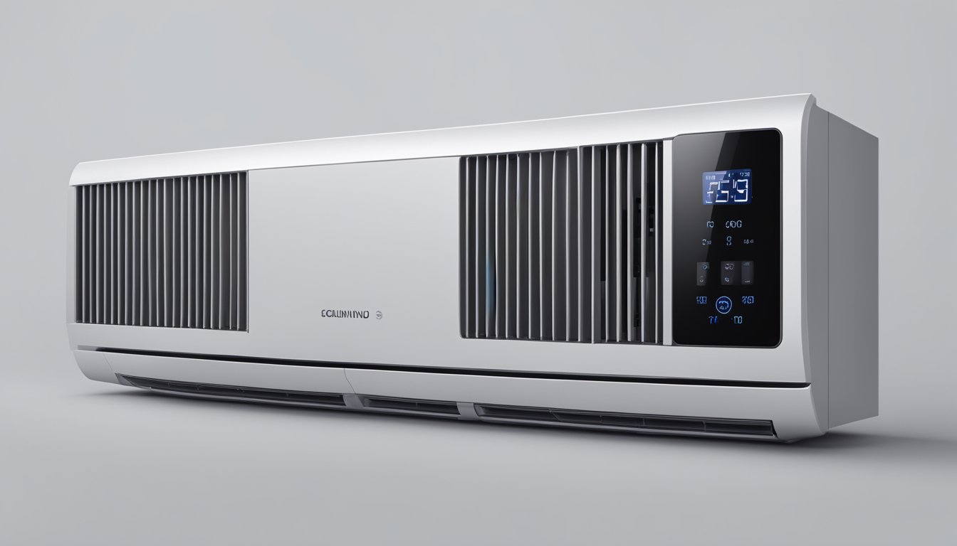 A sleek, modern air conditioning unit with a digital display and a series of buttons, set against a clean, minimalist background