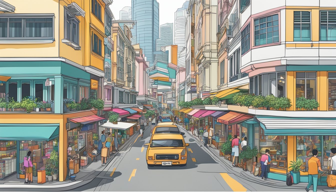 A bustling street in Singapore, lined with colorful and modern furniture shops, with large windows displaying stylish and contemporary pieces