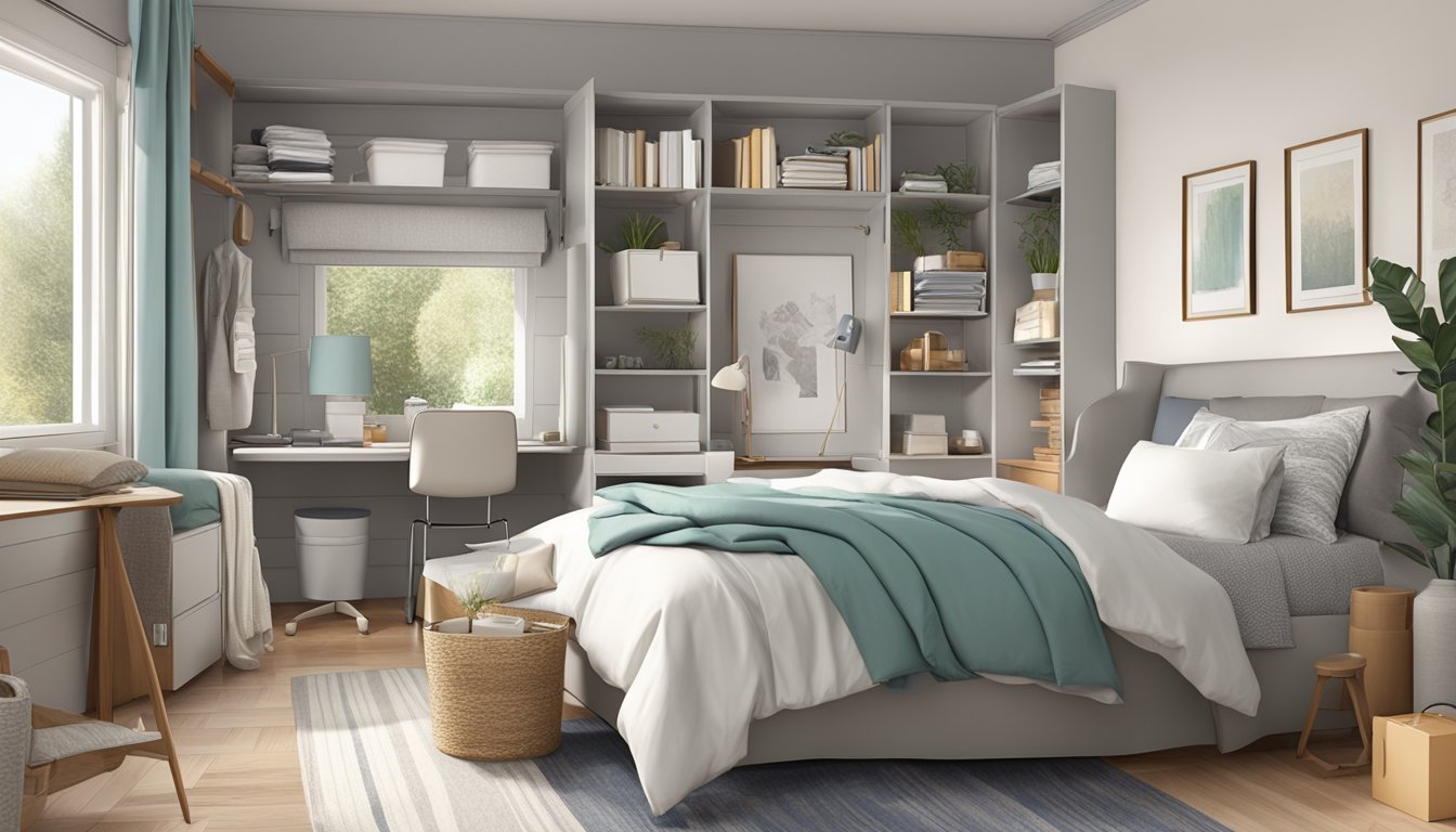 A clutter-free bedroom with a storage bed, neatly organized with folded linens and personal items tucked away