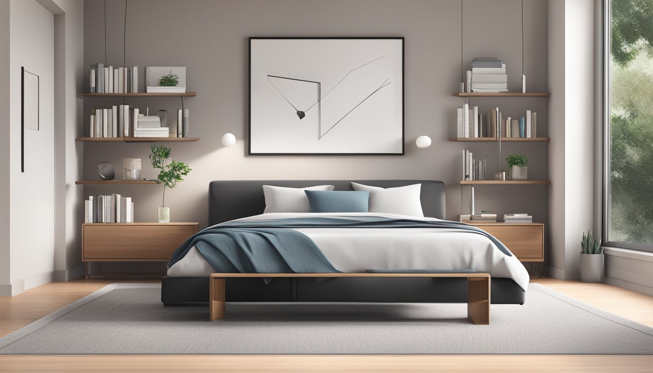 A modern bedroom with a sleek platform bed, clean lines, and minimalist design. A laptop and a stack of books are placed on the bedside table