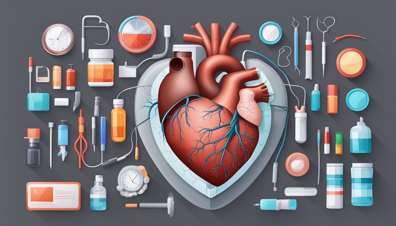 A heart surrounded by blocked arteries, with medical tools and medications nearby for treatment