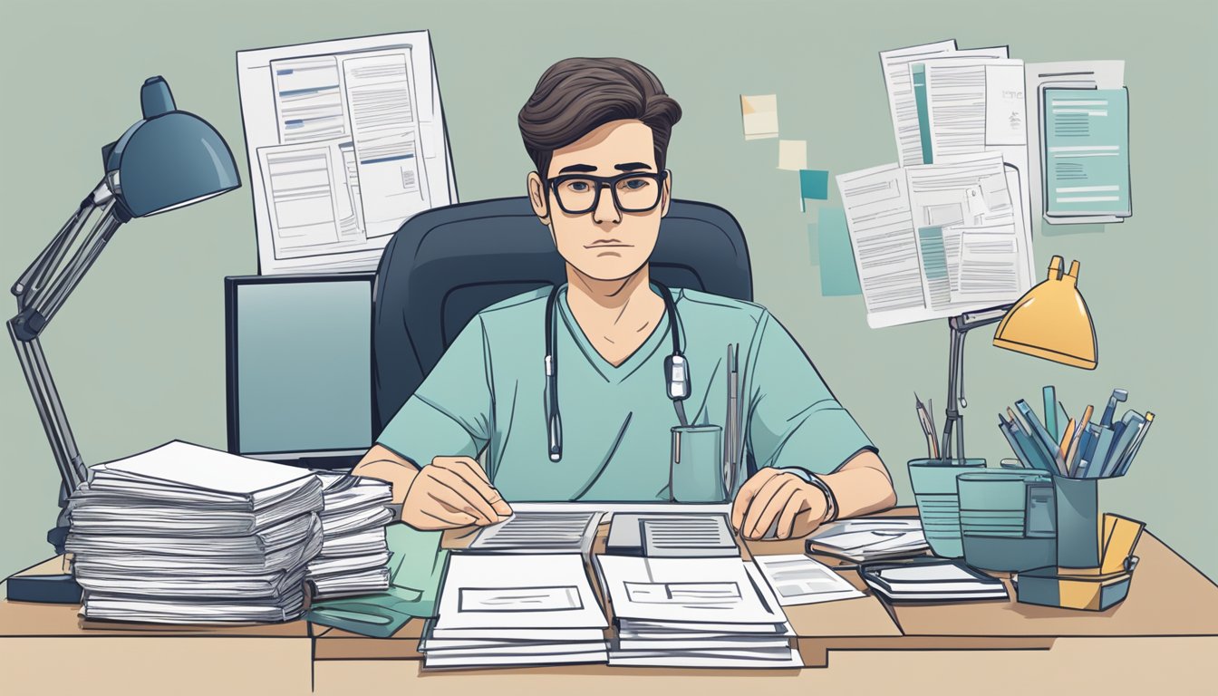 A person sitting at a desk, surrounded by medical documents and a computer, with a concerned expression on their face