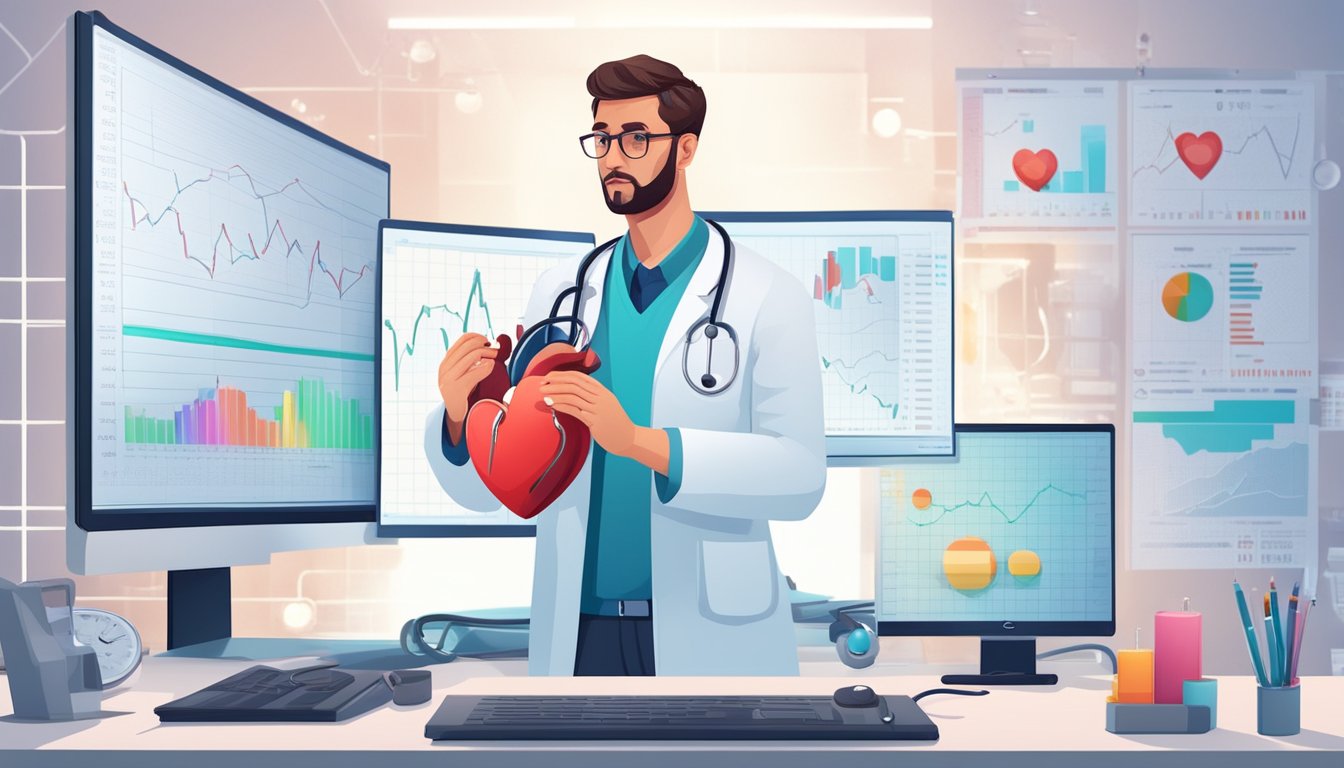 A doctor in a white coat holds a stethoscope to a beating heart on a monitor, surrounded by charts and medical equipment
