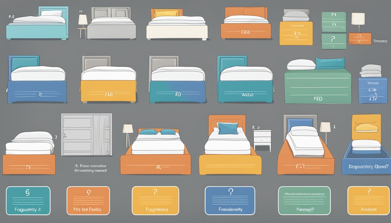 A variety of bed sizes labeled with "Frequently Asked Questions" signs