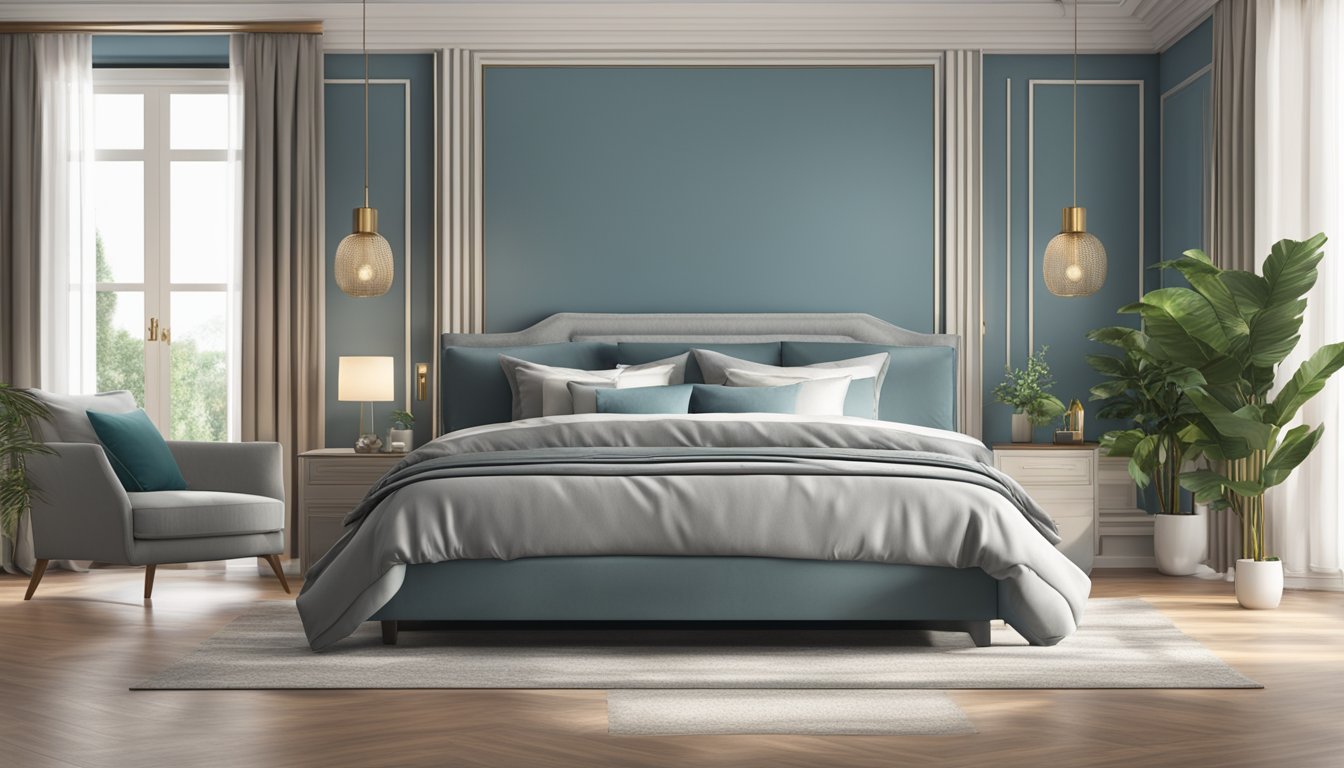 A spacious king size bed dominates the room, with its dimensions clearly visible. The bed is adorned with luxurious bedding and pillows, inviting relaxation and comfort