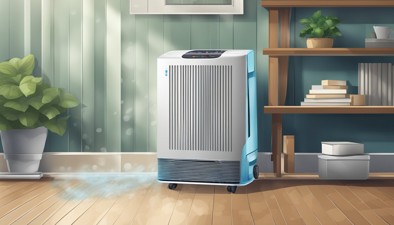 A dehumidifier pulls moisture from the air in a damp, musty basement, creating a dry and comfortable environment