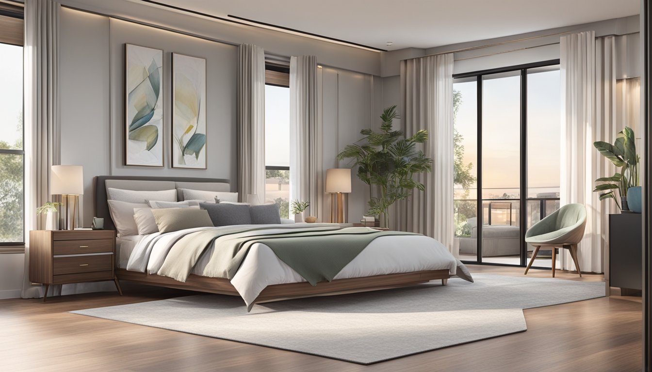 A couple stands in a spacious bedroom, admiring a sleek, modern king size bed frame with clean lines and a luxurious finish
