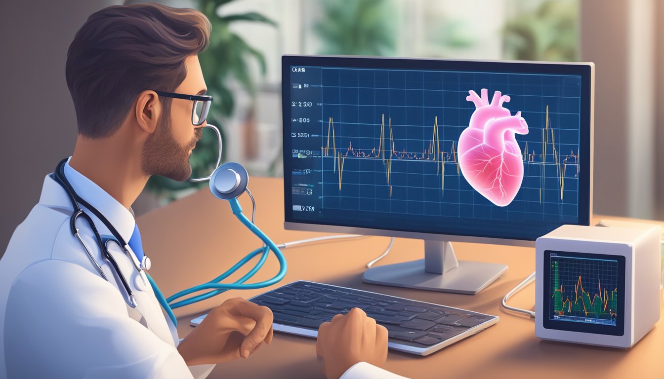 A doctor holds a stethoscope to a model heart, while a monitor displays heart rate and blood pressure readings. A chart with ECG waves is visible in the background