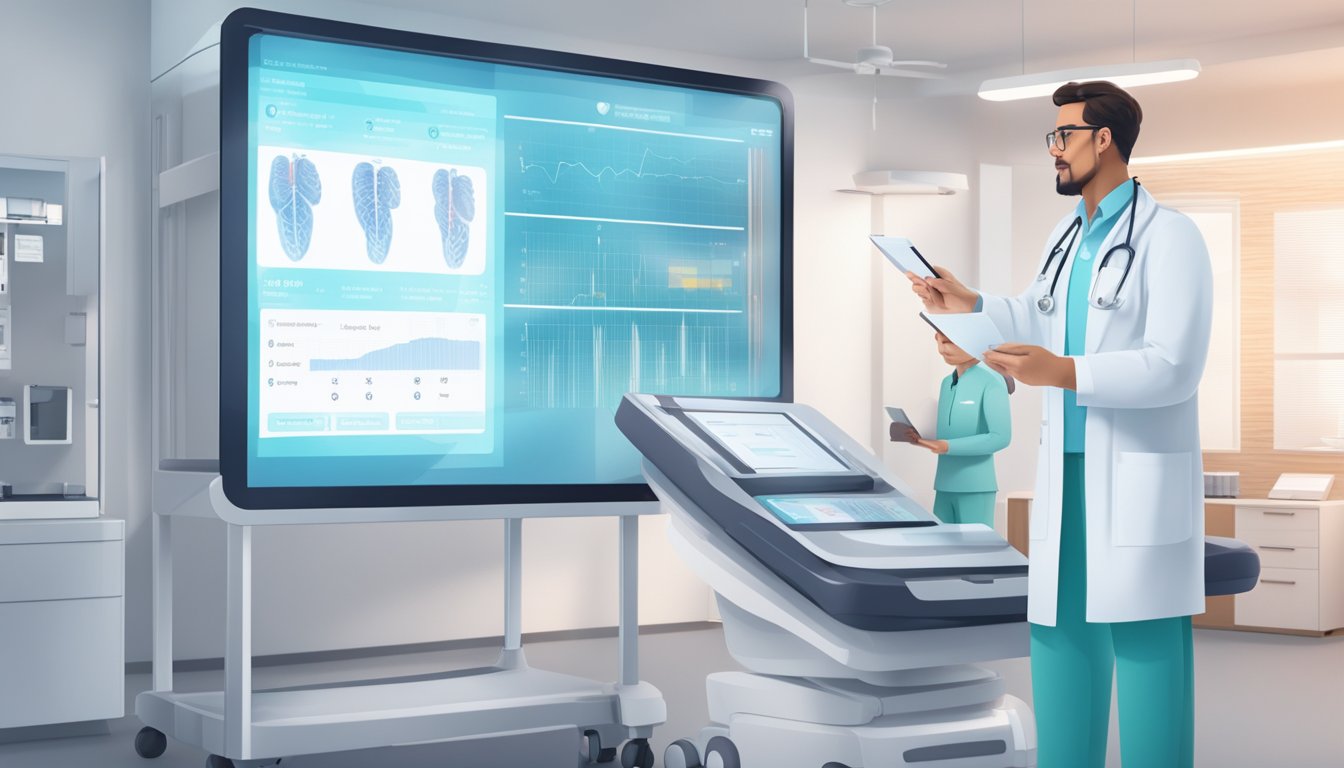 A doctor points to a list of heart screening packages on a digital screen, while a patient looks on. The room is bright and modern, with medical equipment in the background