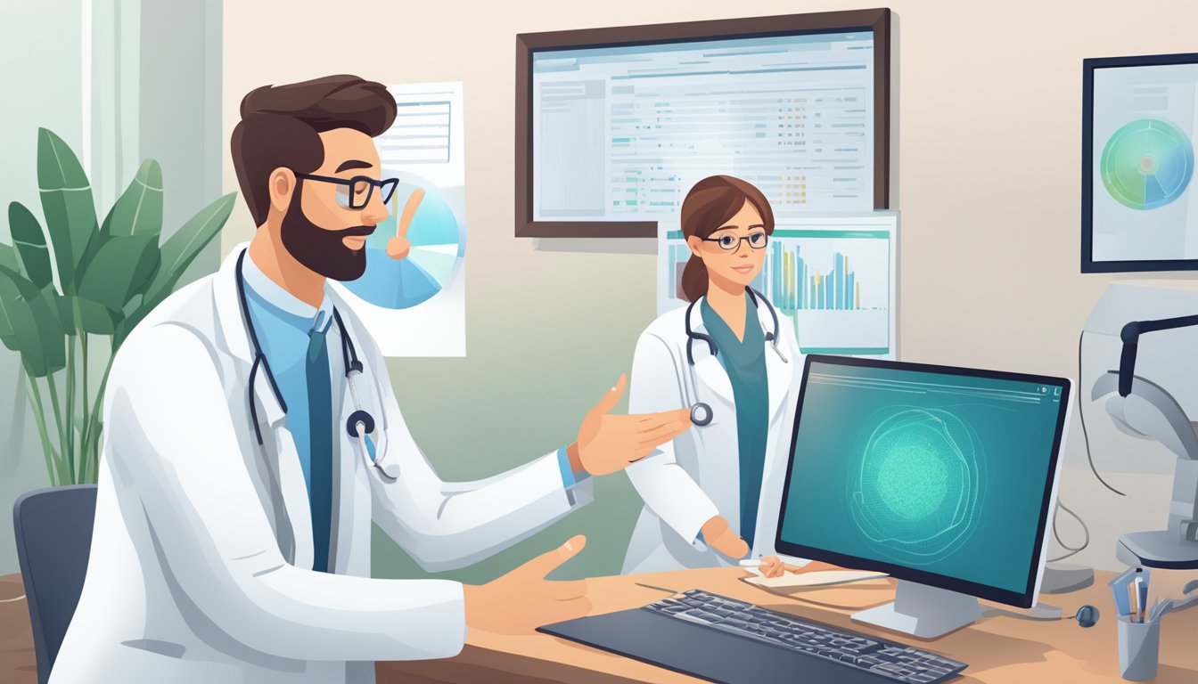 A doctor reviews test results on a computer screen, while a patient looks on. The doctor gestures to explain the next steps in the treatment plan