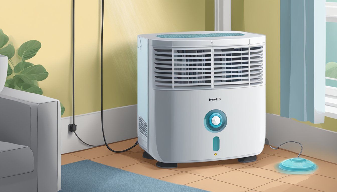 A dehumidifier sits in a corner of a damp room, its fan whirring as it pulls moisture from the air. The water tank is full, indicating its effectiveness in managing indoor humidity