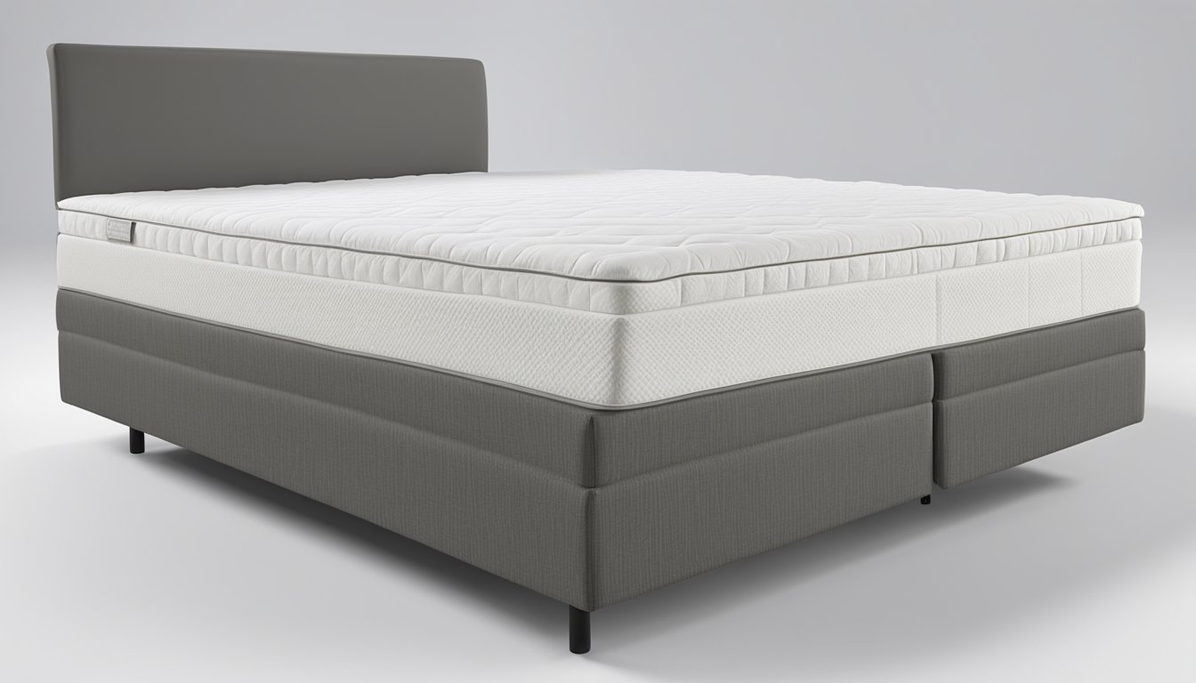 A latex mattress sits atop a sturdy bed frame, with a soft, breathable cover. The mattress is supportive and comfortable, promoting better sleep and overall health