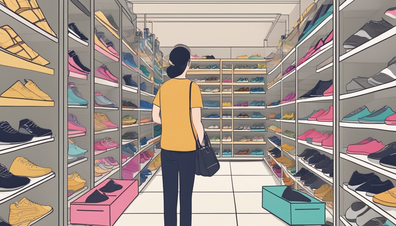 A person browsing various shoe storage options in a Singapore store. Rows of shoe racks, shelves, and organizers line the walls, displaying different designs and sizes