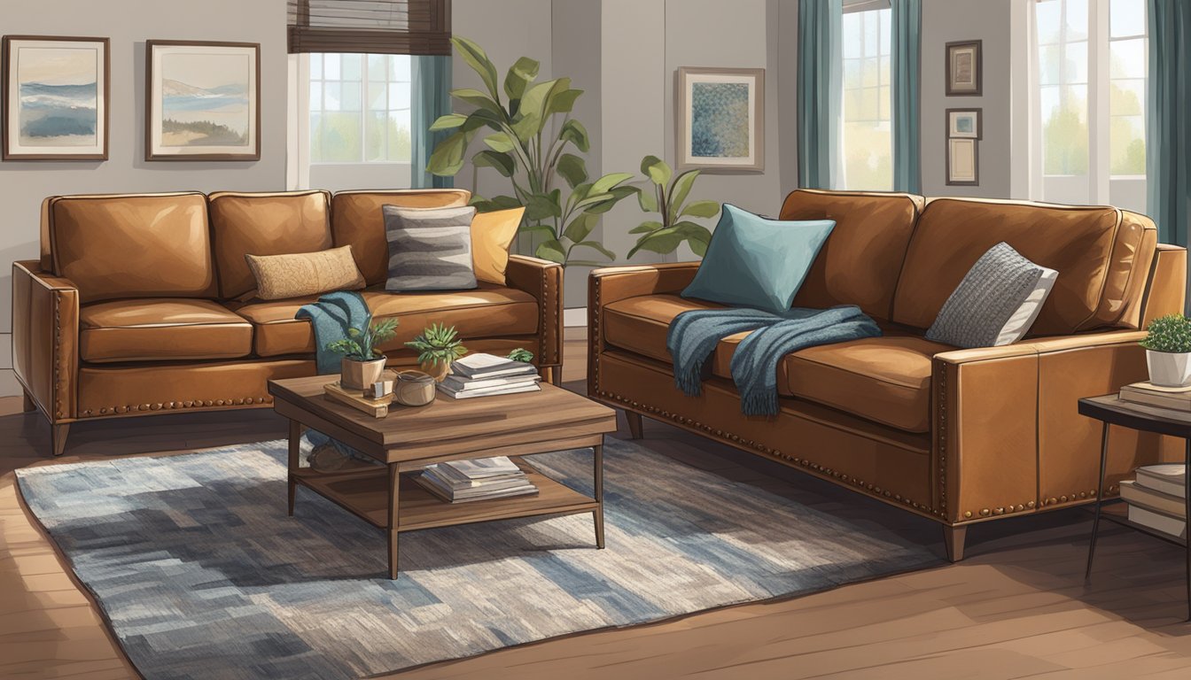 A leather sofa sits in a well-lit living room, with a warm throw blanket and a few decorative pillows arranged neatly on top