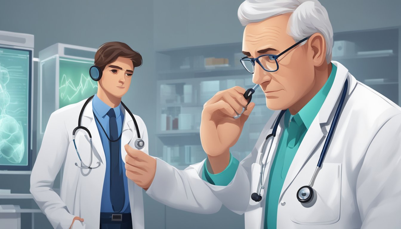 A doctor in a white coat uses a stethoscope to listen to a beating heart in a clinical setting