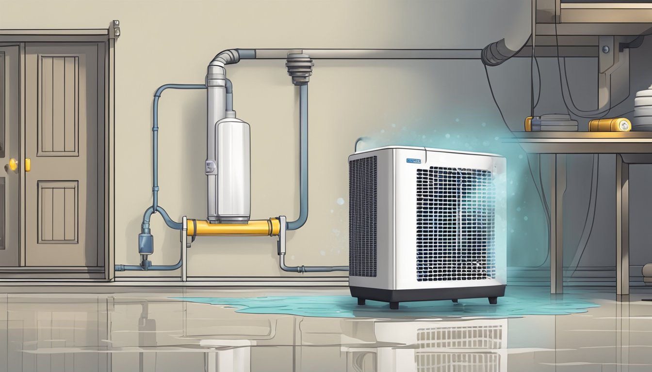 A dehumidifier sits in a damp basement, removing moisture from the air. It collects water in its reservoir, while the surrounding area becomes drier