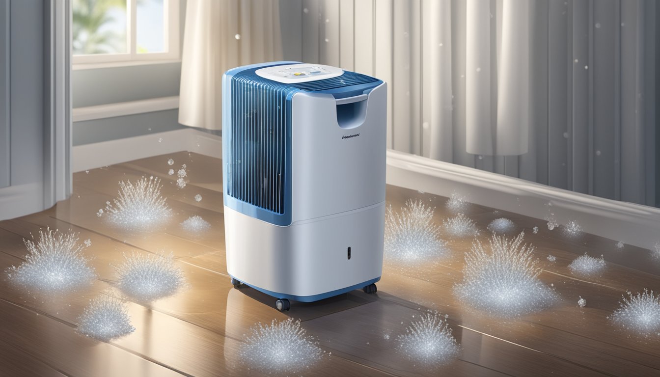 A dehumidifier sits in a damp room, surrounded by moisture-absorbing crystals and a clear indication of reduced humidity levels