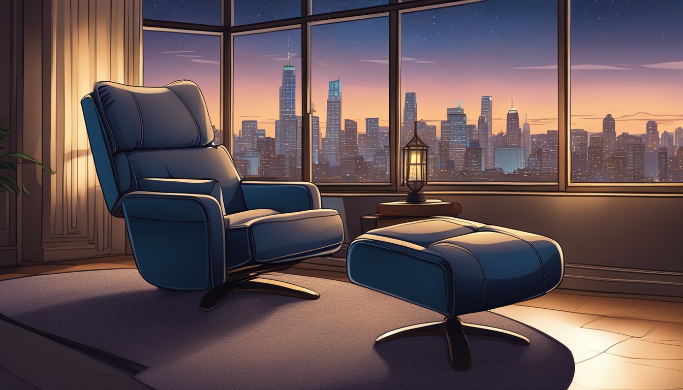 A plush recliner armchair in a cozy living room, facing a window with a view of the city skyline at night