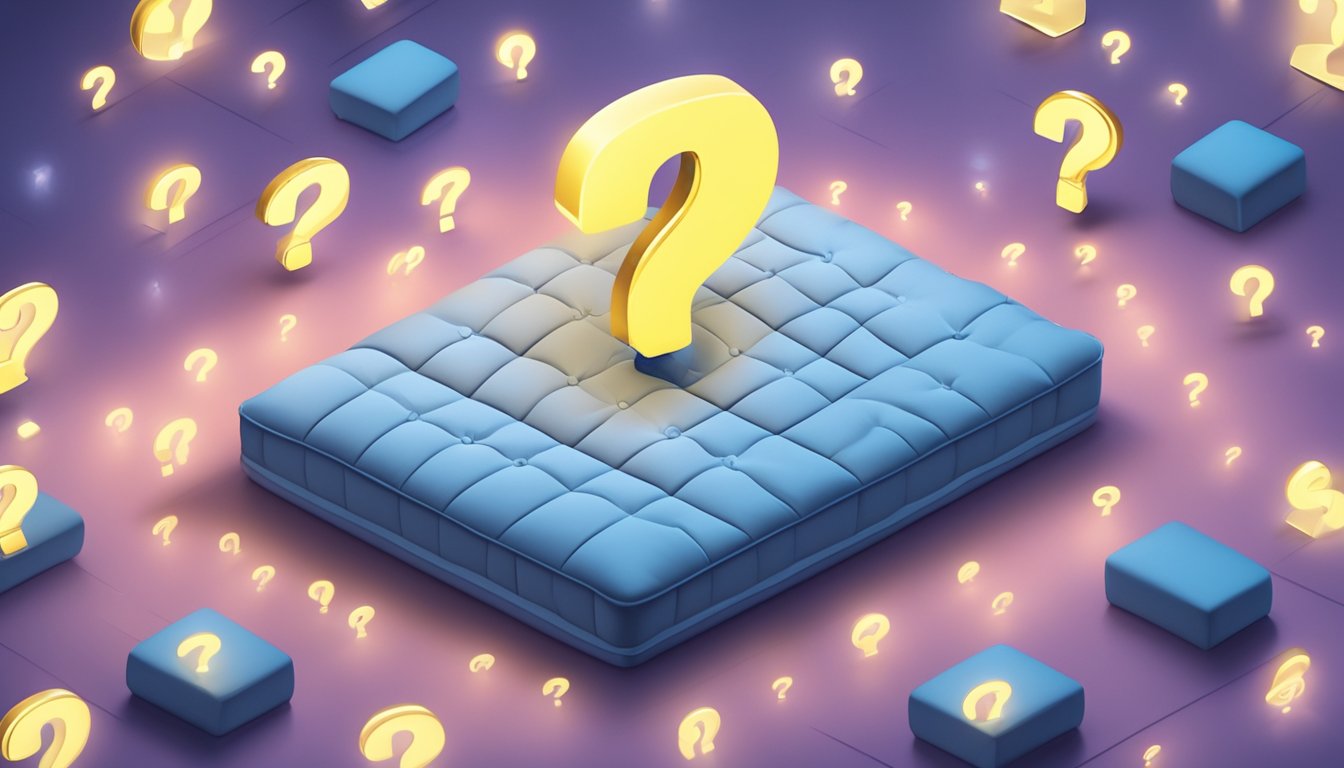 A latex mattress surrounded by question marks, with a spotlight shining on it. A thought bubble above it with various questions inside