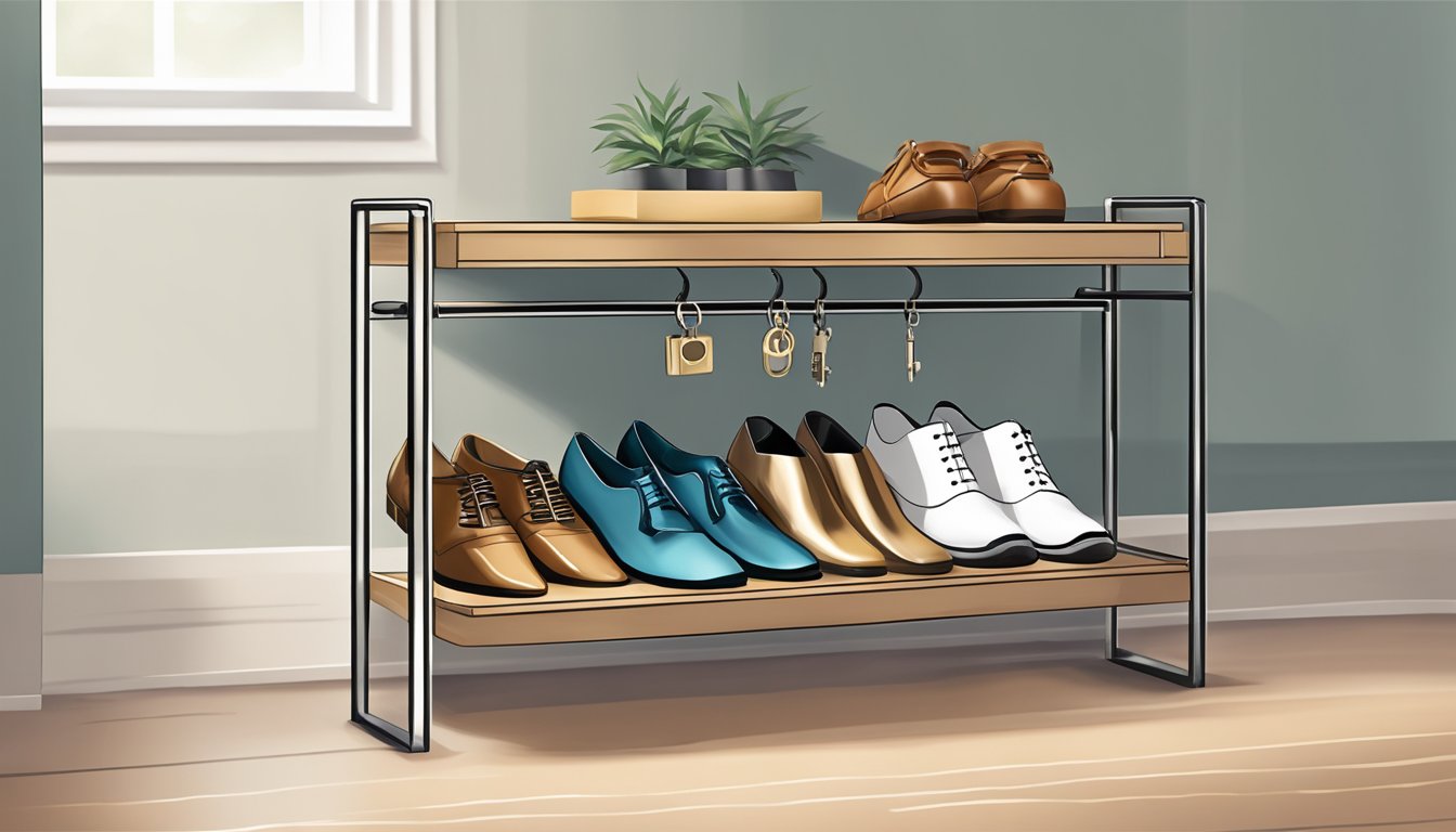 A sleek, modern shoe rack in a tidy entryway, with neatly arranged footwear and a small decorative tray for keys and mail