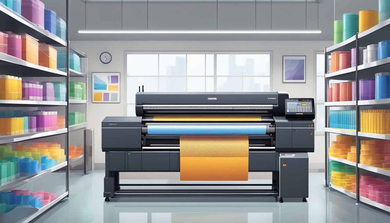 A large industrial printer in a clean, spacious workspace with shelves of colorful ink cartridges and rolls of paper ready for custom printing services