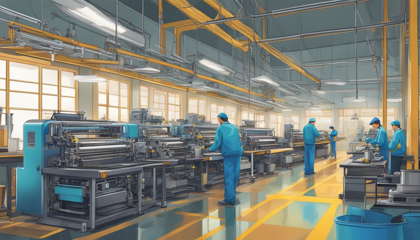 A colorful array of printing machines hum as they produce custom designs on various materials. The room is filled with the scent of ink as workers carefully inspect each product before packaging