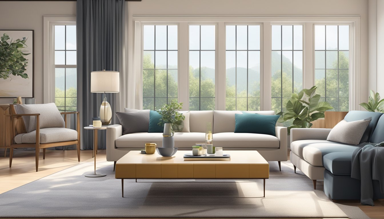 A cozy living room with a plush sofa, elegant coffee table, and stylish floor lamp. A sleek dining area with a modern table and chairs. Bright, airy space with large windows and tasteful decor