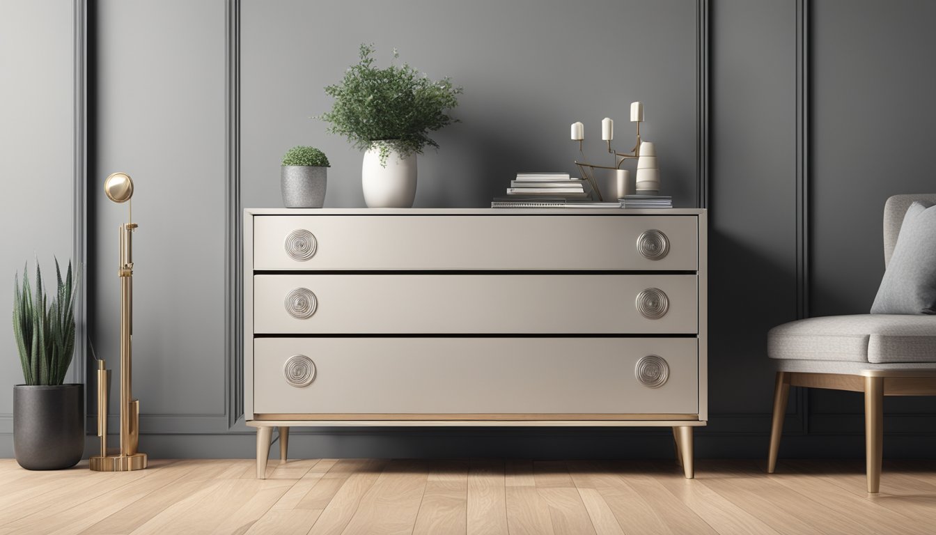 A sleek, modern chest of drawers in a spacious, well-lit room. The drawers are made of dark wood with silver handles, and the surface is adorned with a few decorative items