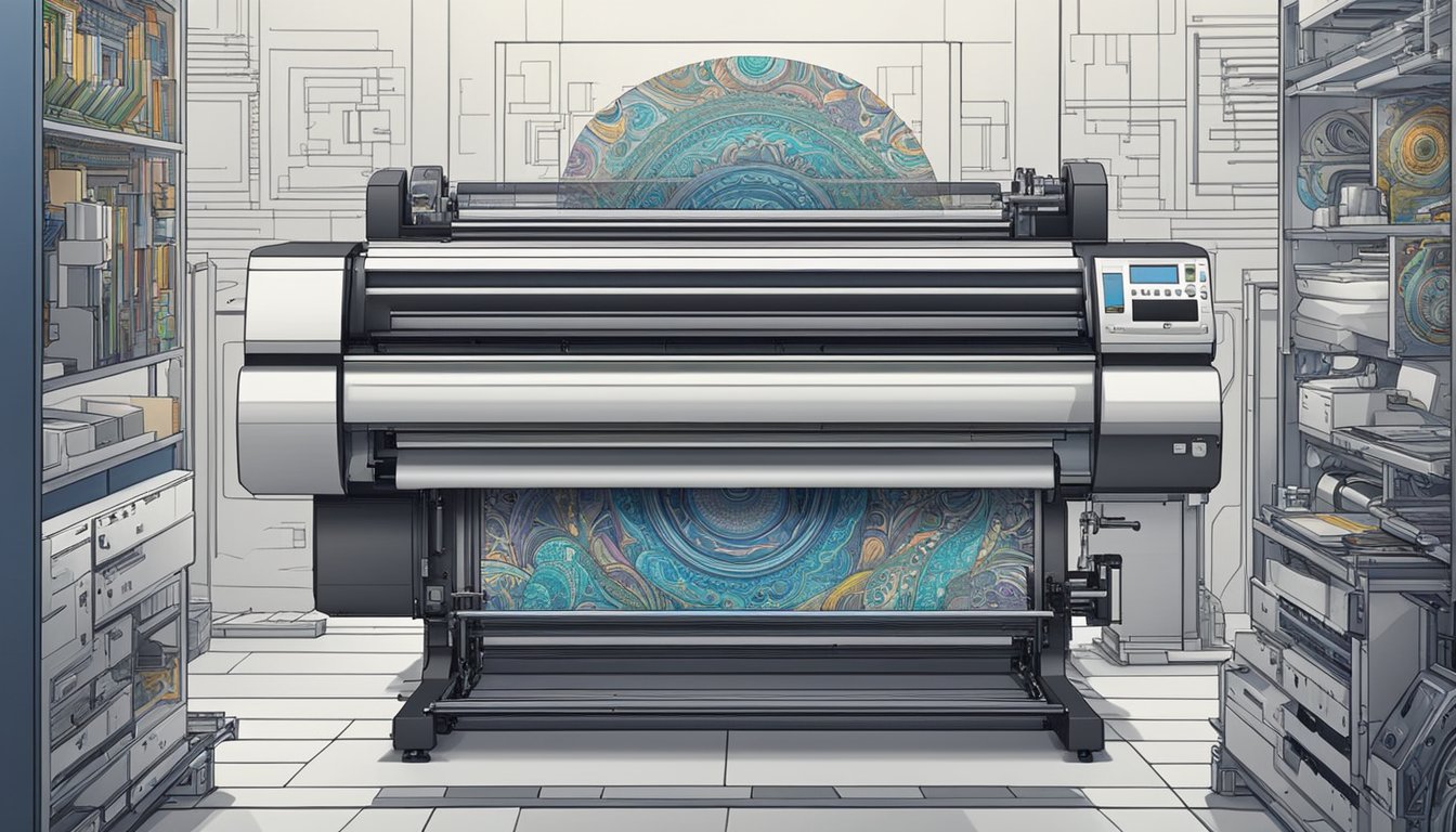 A printer hums as it produces vibrant, custom designs on various materials. A computer screen displays intricate patterns and colors