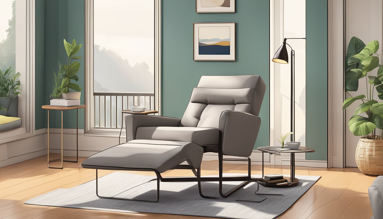 A sleek, modern recliner armchair in a spacious living room, bathed in soft natural light, with a side table holding a cup of coffee and a book