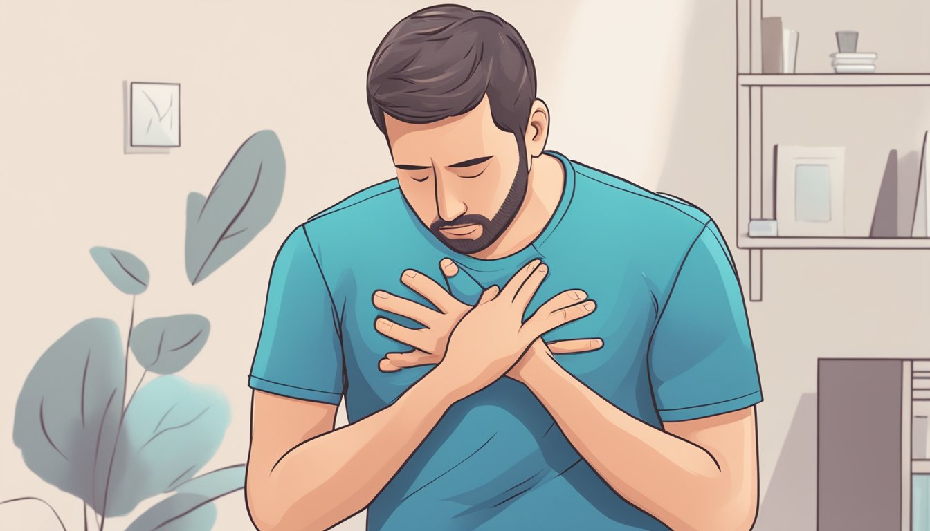 A person experiencing chest pain, shortness of breath, and fatigue while engaging in physical activity. They may also feel lightheaded or dizzy, have pain in the upper body, and experience nausea or vomiting