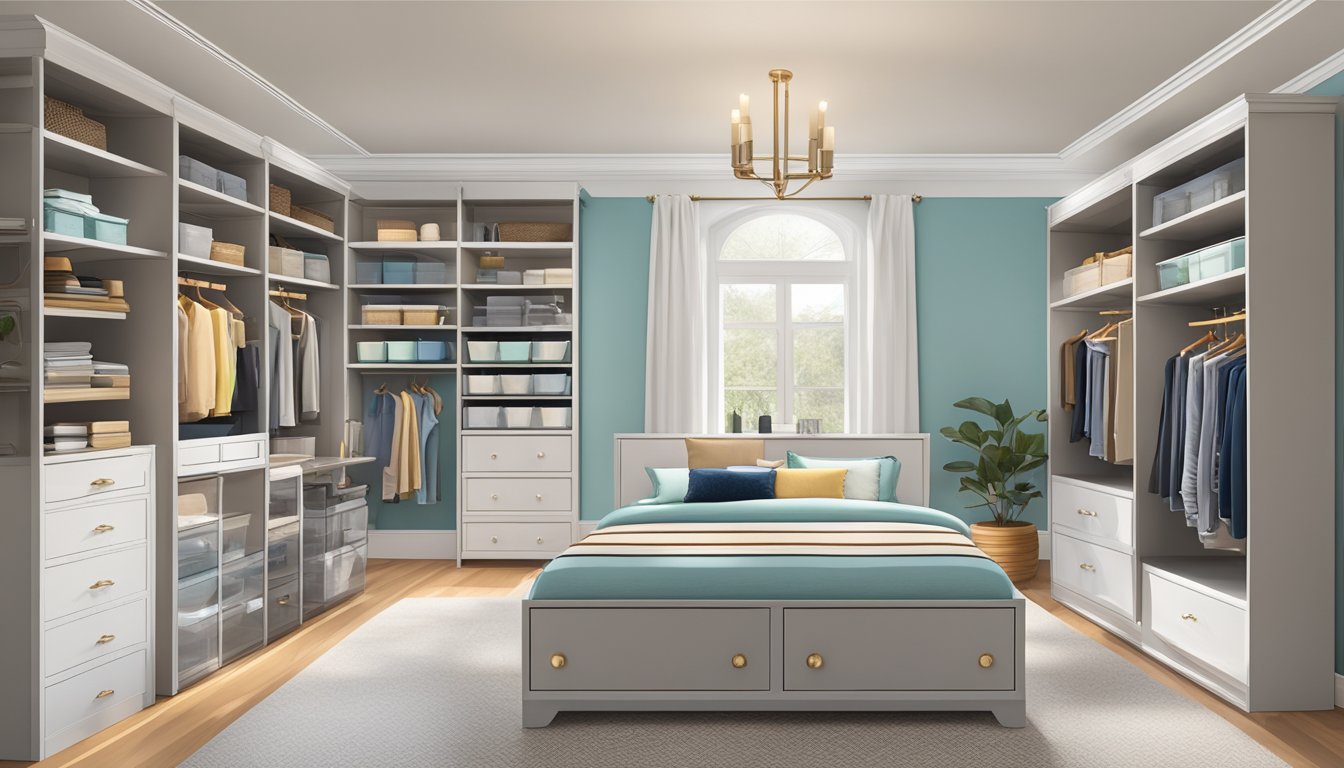 A room with a neatly arranged chest of drawers, each drawer labeled and filled with organized items. The room is clean and spacious, with the chest of drawers serving as the focal point of home organization