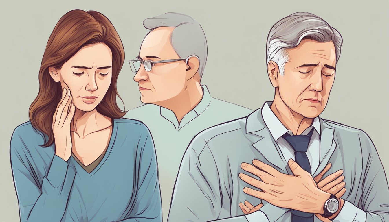 A woman and a man experiencing different heart attack symptoms, such as chest pain and shortness of breath, a month before the event