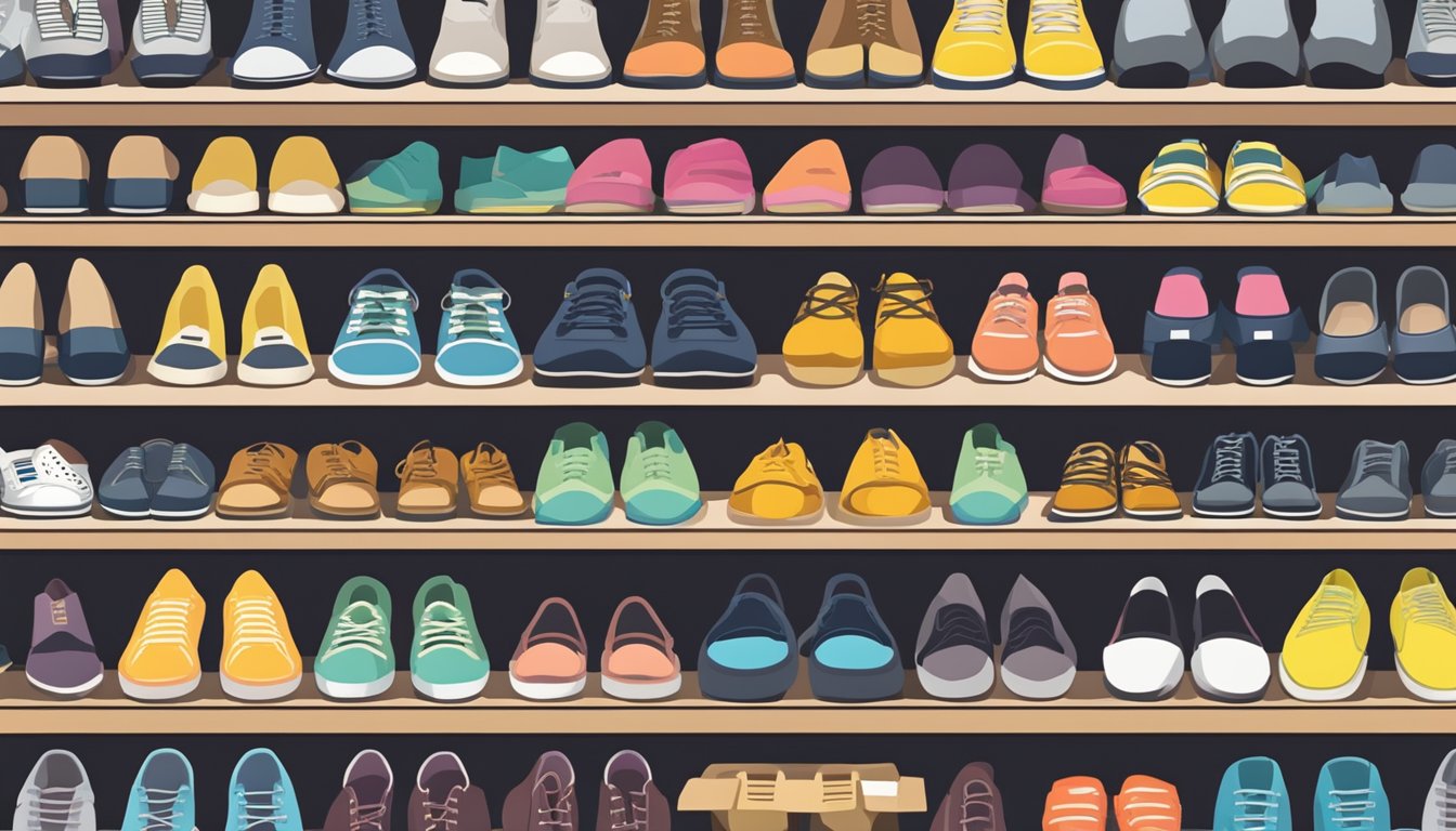 A neat and organized shoe rack in a modern Singaporean home, with various pairs of shoes neatly arranged in rows and labeled with tags for easy identification